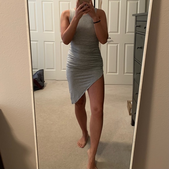 Grey ruched bodycon asymmetrical dress - Picture 1 of 5
